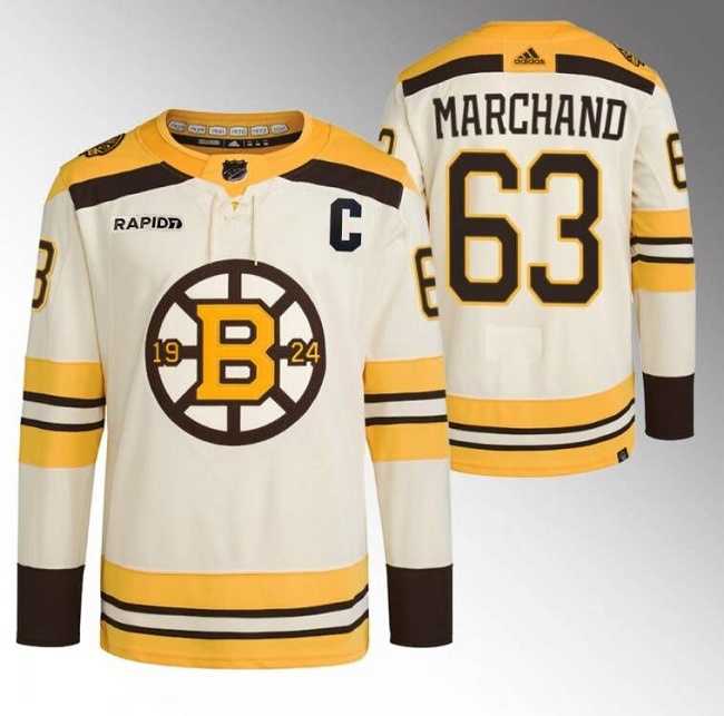 Mens Boston Bruins #63 Brad Marchand Cream With Rapid7 Patch 100th Anniversary Stitched Jersey Dzhi